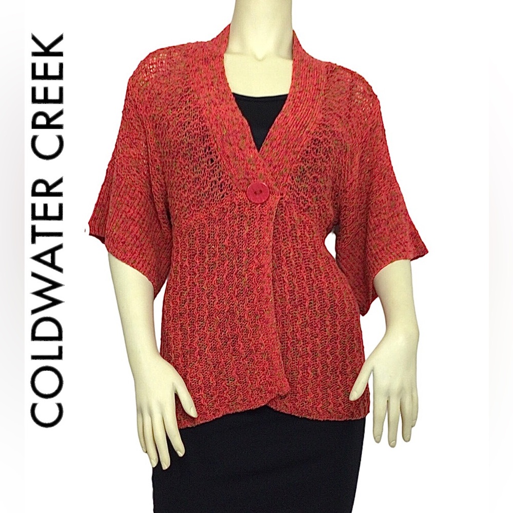 Coldwater Creek Crochet Knit Orange V-neck Batwing Dolman style sleeve Sweater